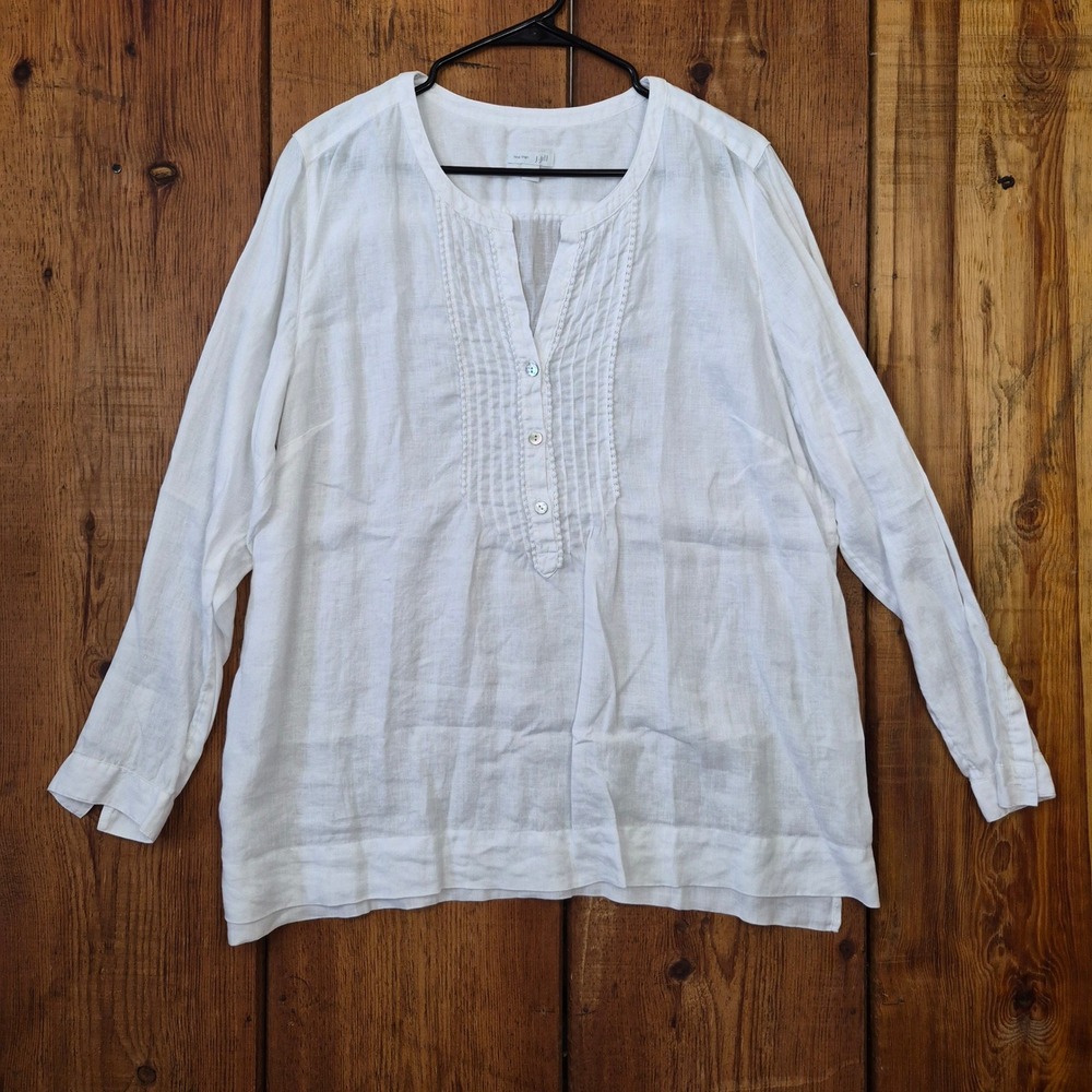 J.Jill Love Linen White Pintuck Bib Tunic Blouse Long Sleeve Women Large